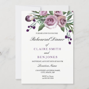 Romantic Purple Rose Wedding Rehearsal Dinner Invitation