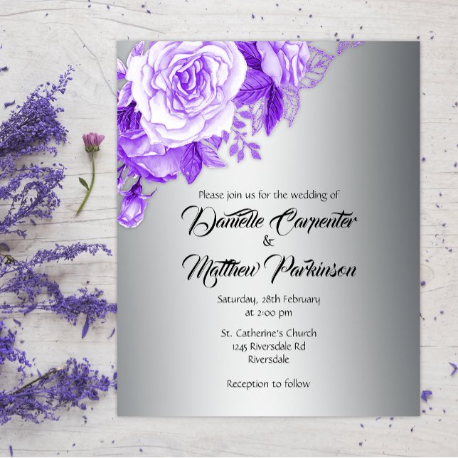 Romantic Purple Roses on Silver Budget Wedding Flyer (Creator Uploaded)