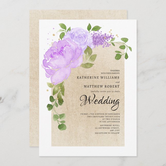 Romantic Purple Shades Roses Boho Floral Wedding Invitation (Front/Back)
