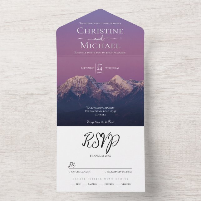 Romantic purple sunset snowy mountains wedding all in one invitation (Inside)