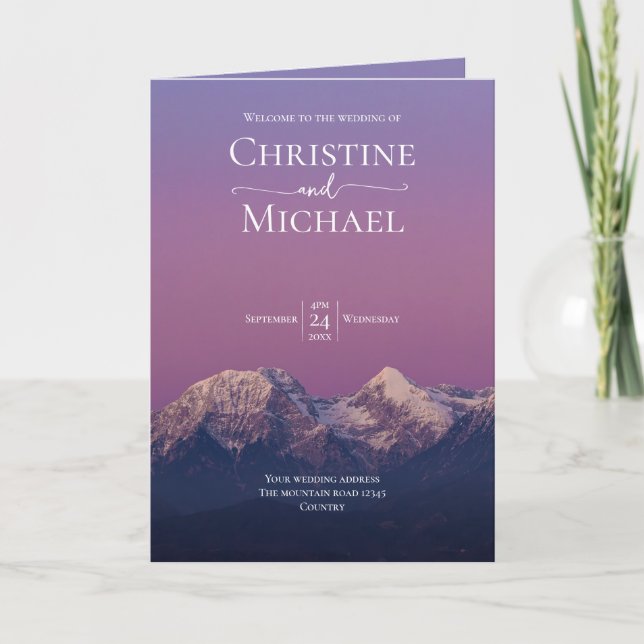 Romantic purple sunset snowy mountains wedding programme (Front)