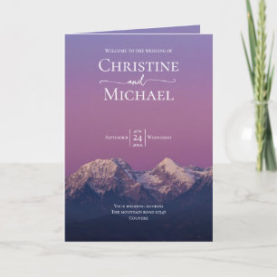Romantic purple sunset snowy mountains wedding programme