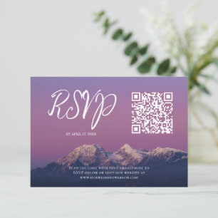 Romantic purple sunset snowy mountains wedding RSVP card
