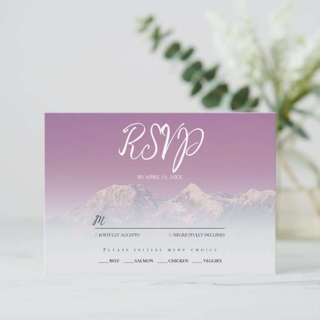 Romantic purple sunset snowy mountains wedding RSVP card (Standing Front)