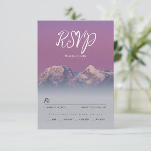 Romantic purple sunset snowy mountains wedding RSVP card
