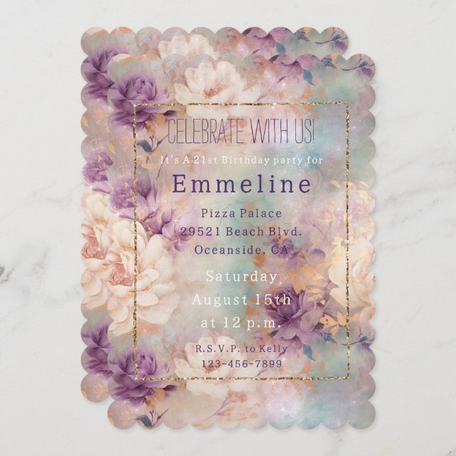 Romantic Purple Turquoise Blush Floral Invitation (Front/Back)