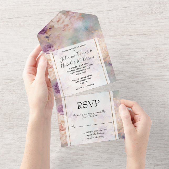 Romantic Purple Turquoise Blush Floral Wedding All In One Invitation (Tearaway)