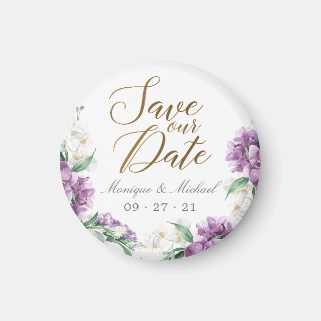 Romantic Purple Watercolor Floral Save The Date Magnet (Front)