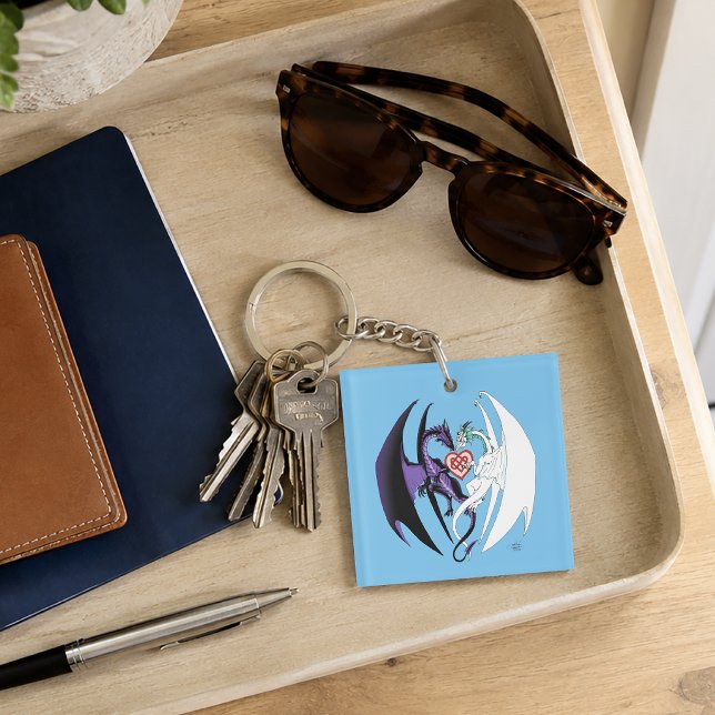 Romantic Purple White Fantasy Dragons Love Blue Key Ring (Creator Uploaded)