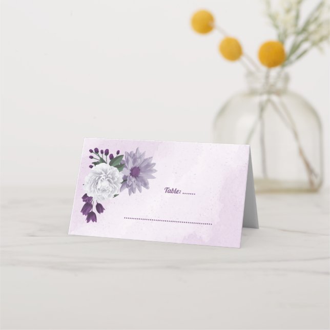 Romantic purple & white floral greenery place card (Front)