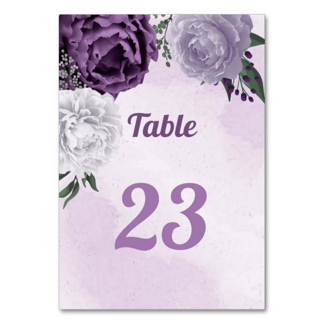 Romantic purple & white floral greenery table number (Front)