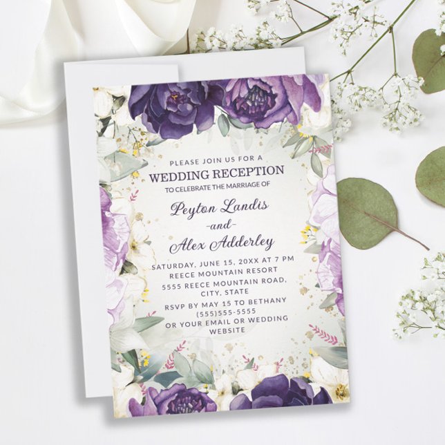 Romantic Purple White Floral Wedding Reception Invitation (Creator Uploaded)