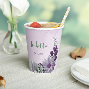 Romantic purple white flowers greenery  paper cups