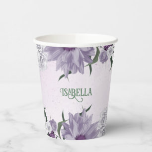 Romantic purple white flowers greenery paper cups