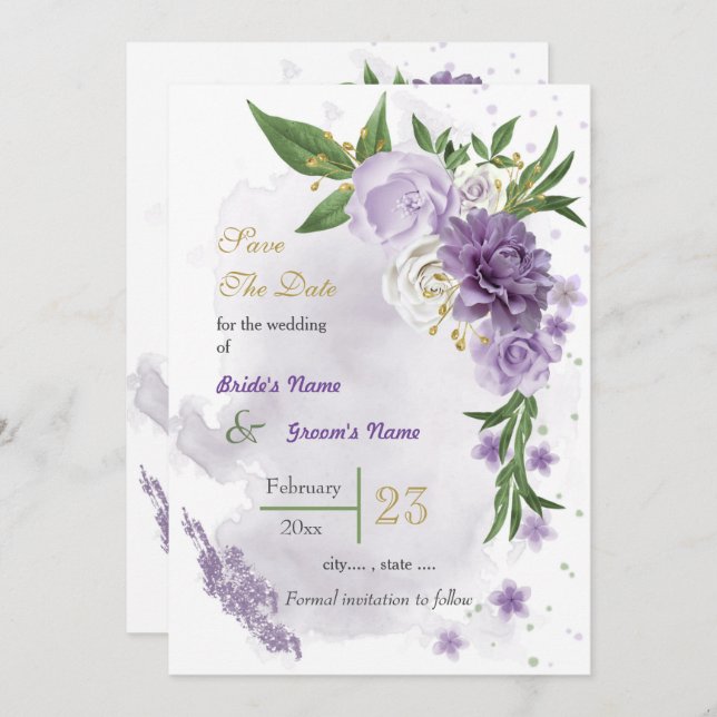Romantic purple white flowers greenery save the date (Front/Back)