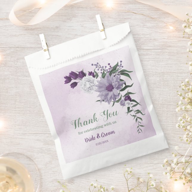 Romantic purple white flowers greenery wedding favour bags (Clipped)