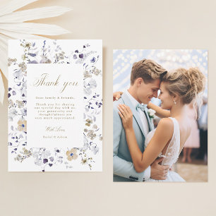 Romantic Purple White Gold Floral Wedding Photo Thank You Card
