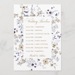 Romantic Purple White Gold Floral Wedding Timeline Programme