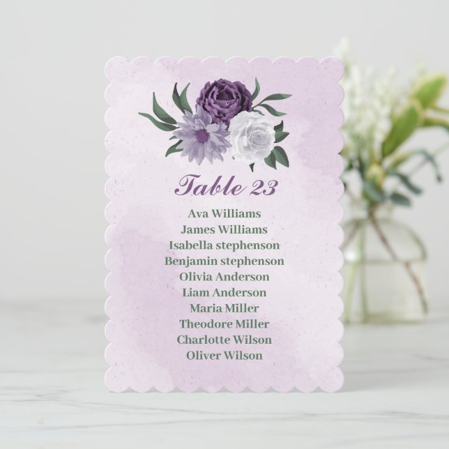 Romantic purple white greenery seating chart card (Standing Front)