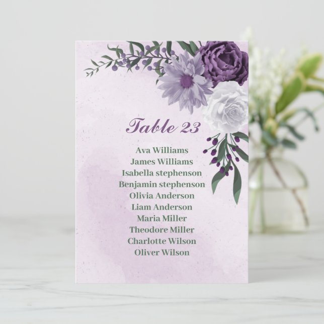 Romantic purple white greenery seating chart card (Standing Front)