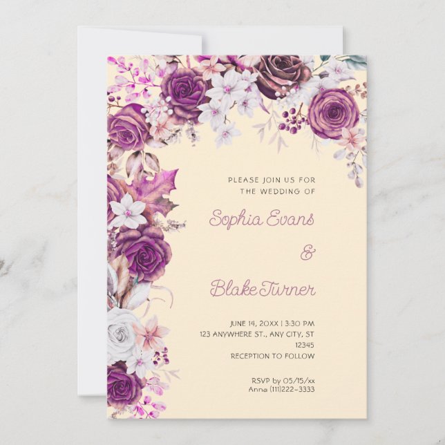 Romantic Purple & White Roses Light Orange Wedding Invitation (Front)