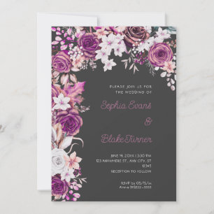 Romantic Purple & White Roses Shadow Grey Wedding Invitation
