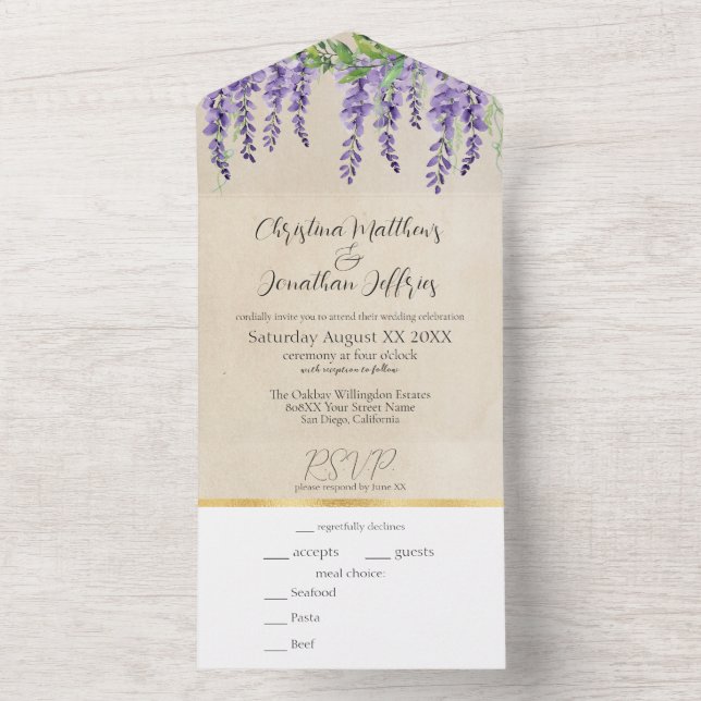 Romantic Purple Wisteria on Rustic Parchment All In One Invitation (Inside)
