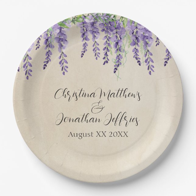 Romantic Purple Wisteria on Rustic Parchment Paper Plate (Front)