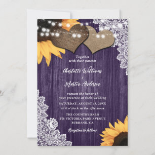 Romantic Purple Wood Floral Lace Sunflower Wedding Invitation