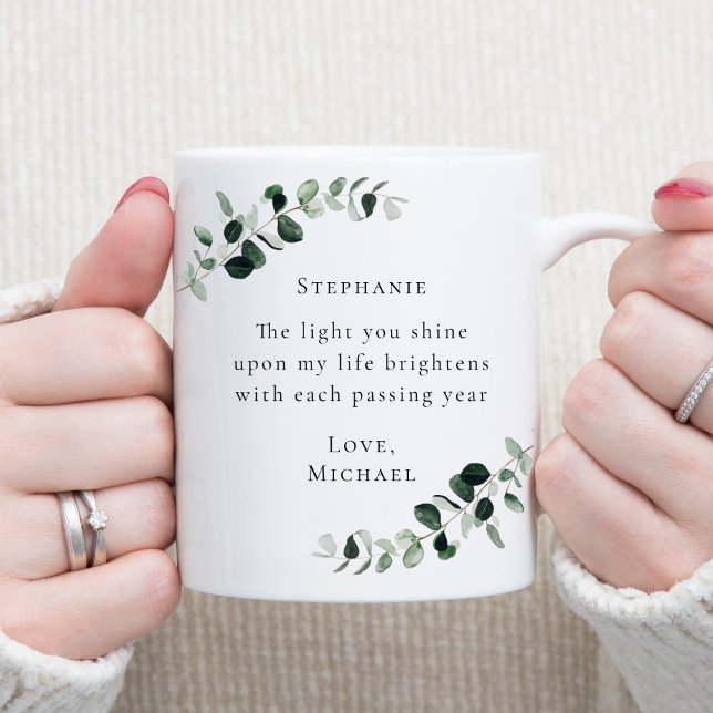 Romantic Quote Eucalyptus Personalised Coffee Mug (The Light You Shine Romantic Quote Emerald and Sage Green Eucalyptus Personalized Coffee Mug)