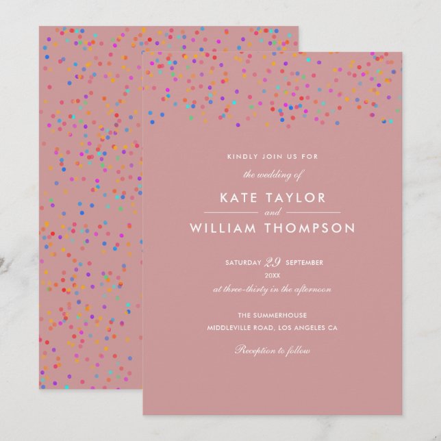 Romantic Rainbow Confetti Dusty Rose Wedding Invitation (Front/Back)