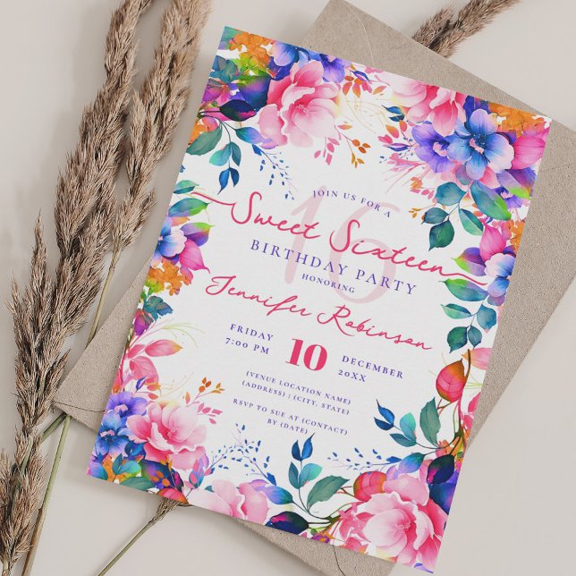 Romantic Rainbow Garden Floral Sweet 16 Party Invitation (Romantic Rainbow Garden Floral Sweet 16 Party Invitation)