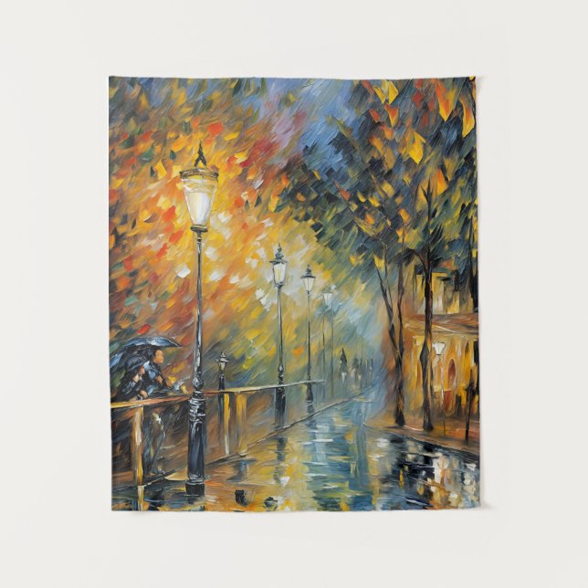 Romantic Rainy Evening Street Scene Impressionist  Tapestry (Front)