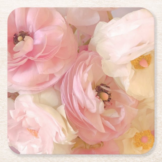 Romantic Ranunculus Square Paper Coaster (Front)