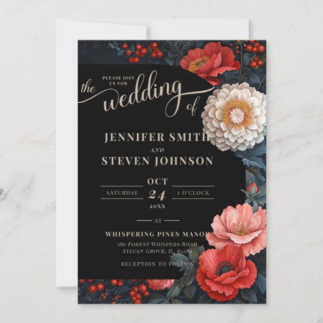 Romantic Red and Black Floral Wedding Invitation (Front)