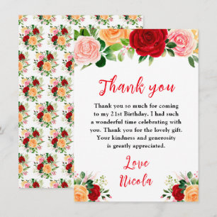 Romantic Red and Orange Roses Birthday Thank You Card