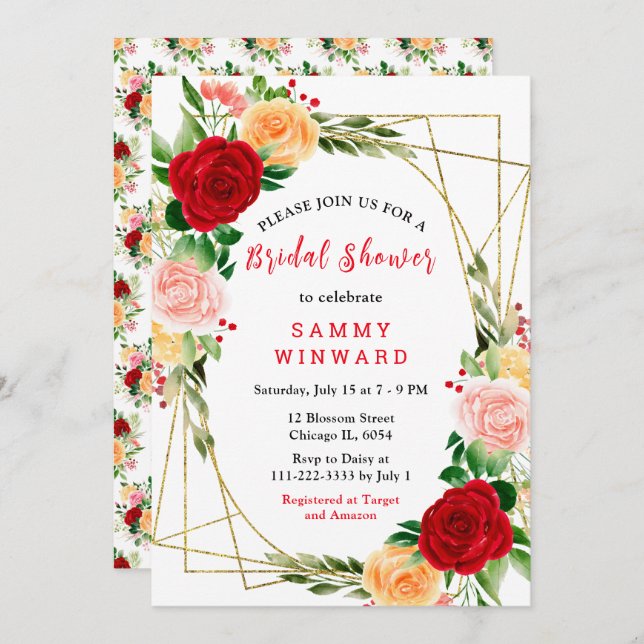 Romantic Red and Orange Roses Invitation (Front/Back)