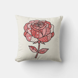 Romantic Red and Pink Patchwork Rose Illustration Cushion