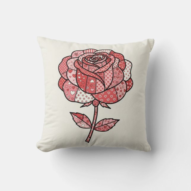 Romantic Red and Pink Patchwork Rose Illustration Cushion (Front)