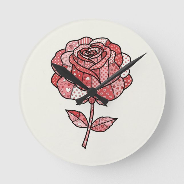 Romantic Red and Pink Patchwork Rose Illustration Round Clock (Front)