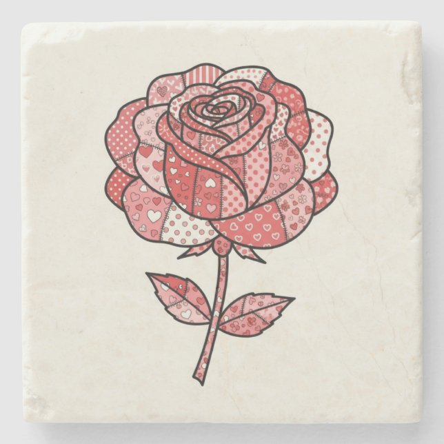 Romantic Red and Pink Patchwork Rose Illustration Stone Coaster (Front)