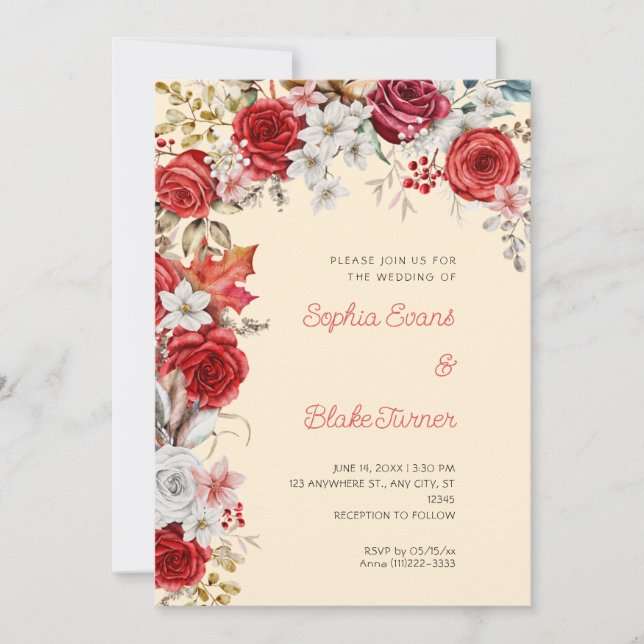 Romantic Red and White Roses Light Orange Wedding Invitation (Front)