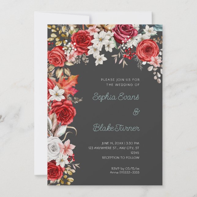 Romantic Red and White Roses Shadow Grey Wedding Invitation (Front)
