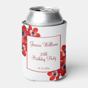Romantic Red Anemones Floral 25th Birthday Can Cooler