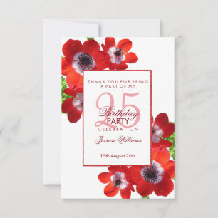 Romantic Red Anemones Floral 25th Birthday Thank You Card