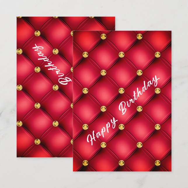 Romantic Red Birthday Card Gold Diamonds Tufted (Front/Back)