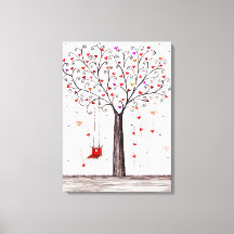 ROMANTIC  RED BLACK INK HEART  TREE WITH SWING