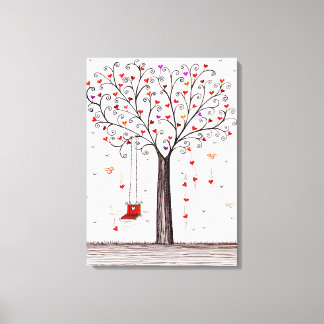 ROMANTIC  RED BLACK INK HEART  TREE WITH SWING CANVAS PRINT