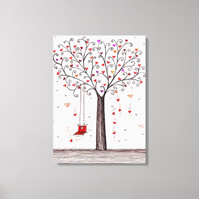 ROMANTIC  RED BLACK INK HEART  TREE WITH SWING CANVAS PRINT (Front)