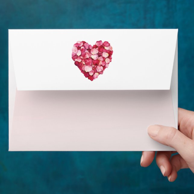 Romantic Red Blush Pink Rose Petals Heart Envelope (Hand)